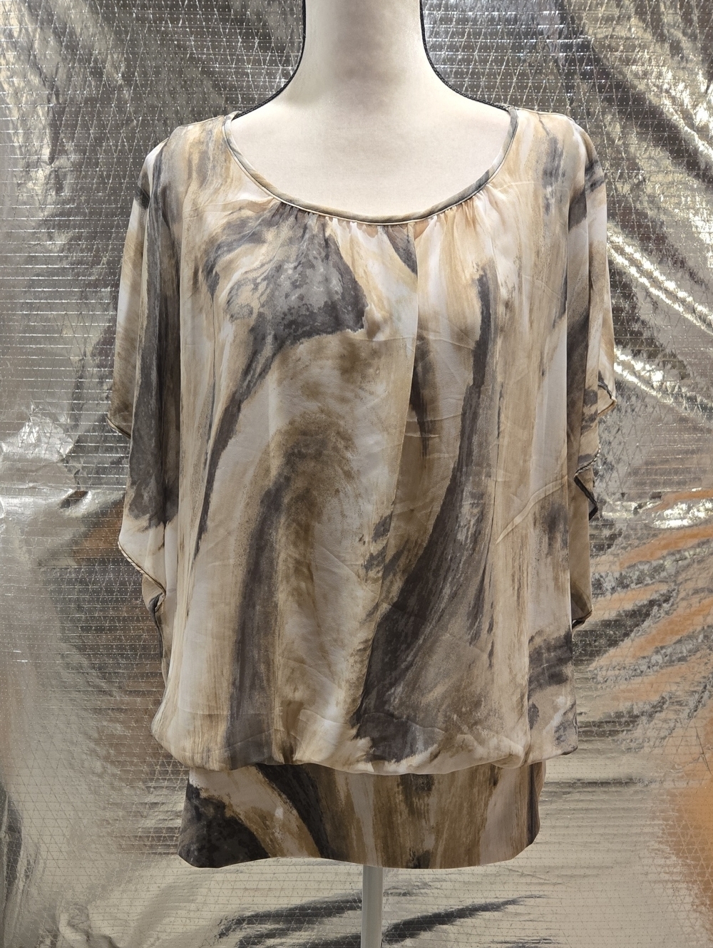 JM Collection Marble-Effect Flowing Blouse in Beige and Gray